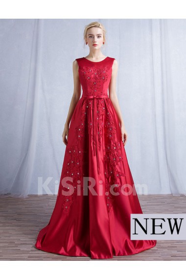 Satin Jewel Floor Length Sleeveless A-line Dress with Bow, Beads