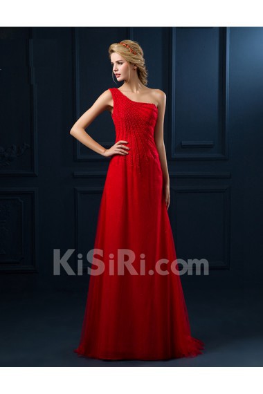 Tulle, Lace One-shoulder Floor Length Sleeveless Sheath Dress with Handmade Flowers