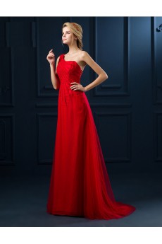 Tulle, Lace One-shoulder Floor Length Sleeveless Sheath Dress with Handmade Flowers