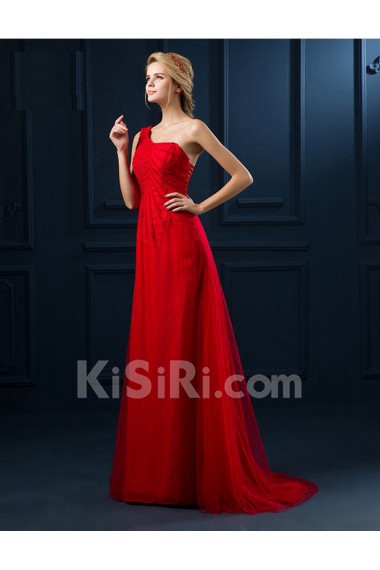 Tulle, Lace One-shoulder Floor Length Sleeveless Sheath Dress with Handmade Flowers