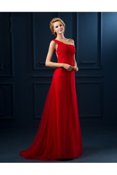 Tulle, Lace One-shoulder Floor Length Sleeveless Sheath Dress with Handmade Flowers