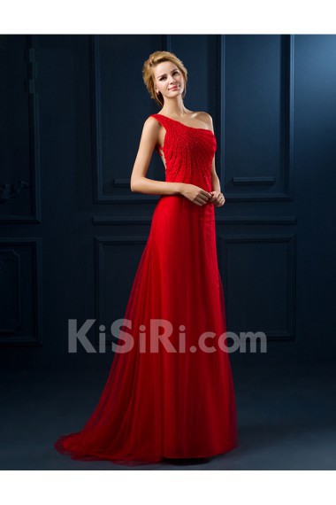 Tulle, Lace One-shoulder Floor Length Sleeveless Sheath Dress with Handmade Flowers