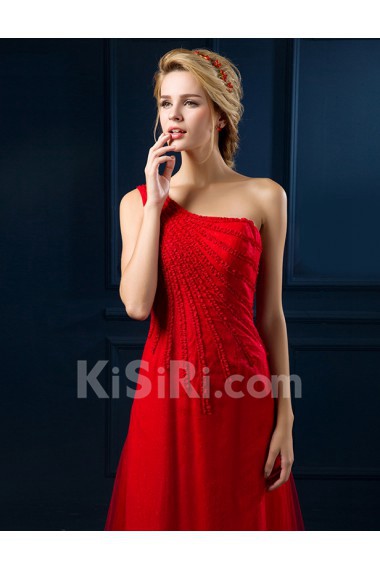 Tulle, Lace One-shoulder Floor Length Sleeveless Sheath Dress with Handmade Flowers