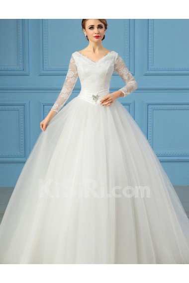 Organza V-neck Sweep Train Three-quarter Ball Gown Dress with Lace