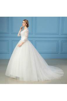 Organza V-neck Sweep Train Three-quarter Ball Gown Dress with Lace