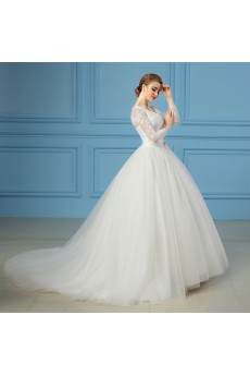 Organza V-neck Sweep Train Three-quarter Ball Gown Dress with Lace