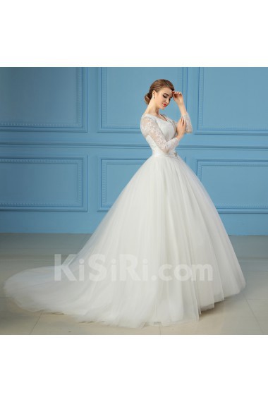 Organza V-neck Sweep Train Three-quarter Ball Gown Dress with Lace