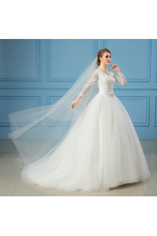 Organza V-neck Sweep Train Three-quarter Ball Gown Dress with Lace