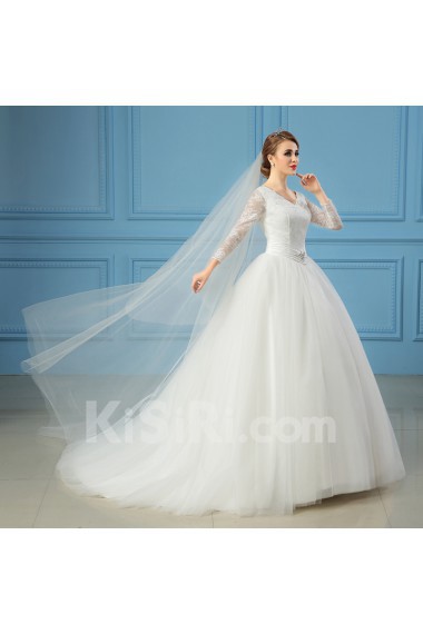 Organza V-neck Sweep Train Three-quarter Ball Gown Dress with Lace