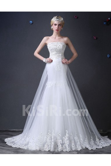 Organza Strapless Sweep Train Sleeveless Mermaid Dress with Rhinestone