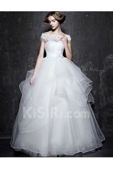 Lace, Satin Off-the-Shoulder Floor Length Ball Gown Dress with Beads