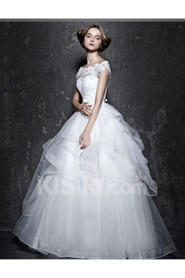 Lace, Satin Off-the-Shoulder Floor Length Ball Gown Dress with Beads