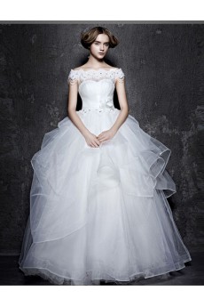 Lace, Satin Off-the-Shoulder Floor Length Ball Gown Dress with Beads