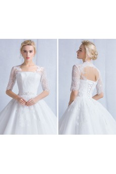 Tulle, Lace Square Floor Length Half Sleeve Ball Gown Dress with Sash