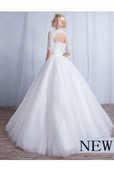 Tulle, Lace Square Floor Length Half Sleeve Ball Gown Dress with Sash