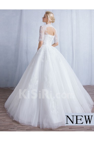 Tulle, Lace Square Floor Length Half Sleeve Ball Gown Dress with Sash