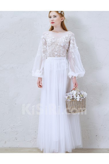 Lace, Tulle, Chiffon Jewel Ankle-Length Long Sleeve A-line Dress