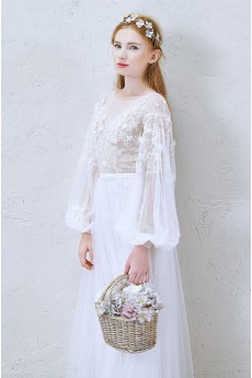 Lace, Tulle, Chiffon Jewel Ankle-Length Long Sleeve A-line Dress