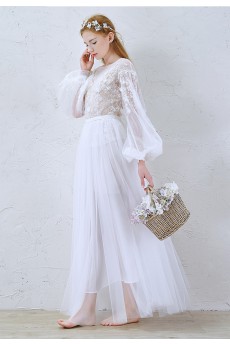 Lace, Tulle, Chiffon Jewel Ankle-Length Long Sleeve A-line Dress