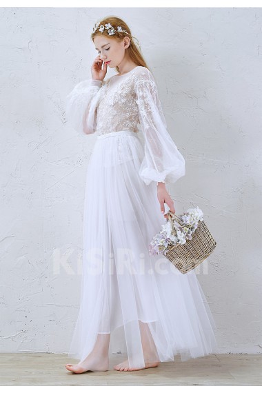 Lace, Tulle, Chiffon Jewel Ankle-Length Long Sleeve A-line Dress