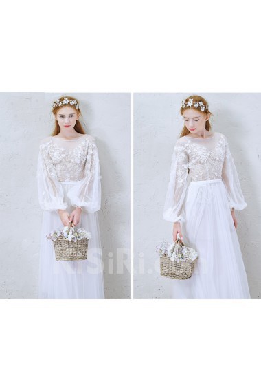 Lace, Tulle, Chiffon Jewel Ankle-Length Long Sleeve A-line Dress