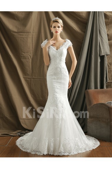 Organza V-neck Chapel Train Cap Sleeve Mermaid Dress with Lace, Beads