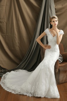 Organza V-neck Chapel Train Cap Sleeve Mermaid Dress with Lace, Beads