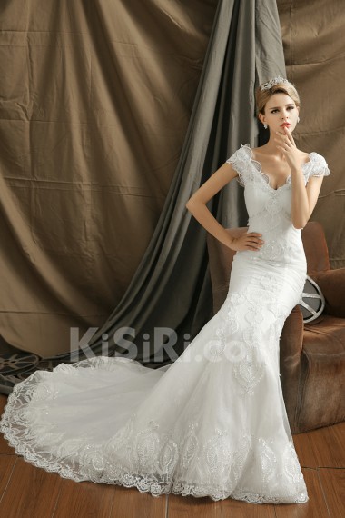 Organza V-neck Chapel Train Cap Sleeve Mermaid Dress with Lace, Beads