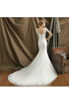 Organza V-neck Chapel Train Cap Sleeve Mermaid Dress with Lace, Beads