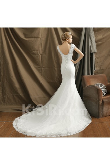 Organza V-neck Chapel Train Cap Sleeve Mermaid Dress with Lace, Beads