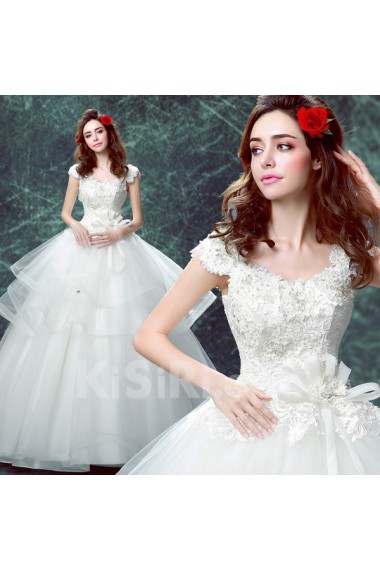 Organza V-neck Chapel Train Cap Sleeve Ball Gown Dress with Beads