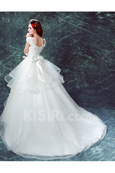 Organza V-neck Chapel Train Cap Sleeve Ball Gown Dress with Beads