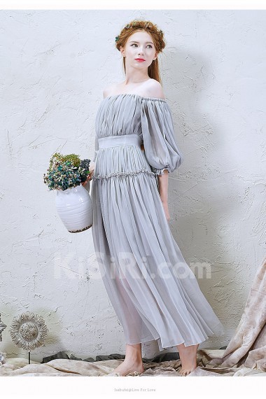 Chiffon Off-the-Shoulder Ankle-Length Three-quarter Column Dress with Ruched