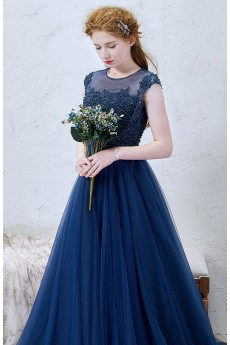 Lace, Tulle Jewel Sweep Train Cap Sleeve A-line Dress with Rhinestone