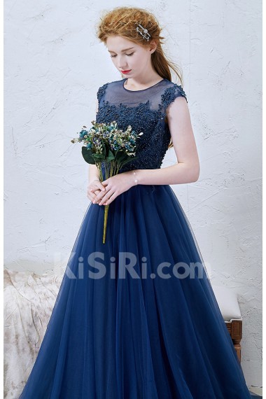 Lace, Tulle Jewel Sweep Train Cap Sleeve A-line Dress with Rhinestone