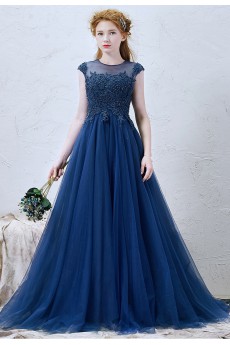 Lace, Tulle Jewel Sweep Train Cap Sleeve A-line Dress with Rhinestone