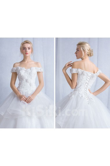 Tulle, Lace Off-the-Shoulder Sweep Train Ball Gown Dress with Handmade Flowers