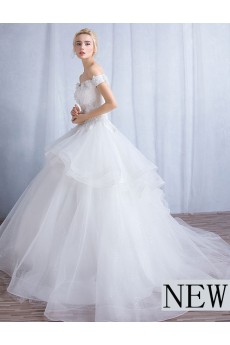 Tulle, Lace Off-the-Shoulder Sweep Train Ball Gown Dress with Handmade Flowers