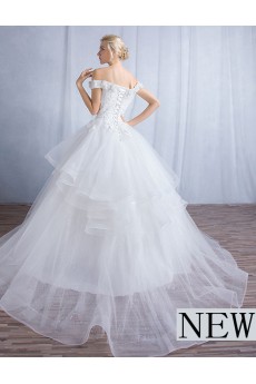 Tulle, Lace Off-the-Shoulder Sweep Train Ball Gown Dress with Handmade Flowers