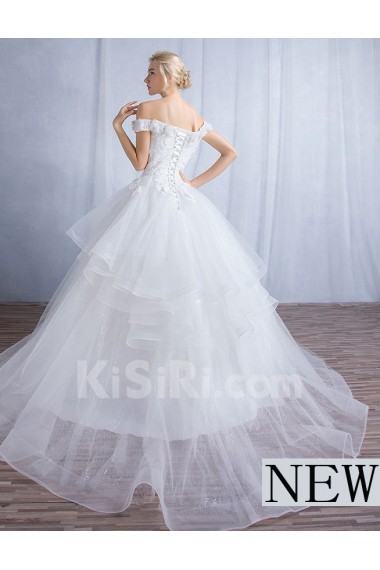 Tulle, Lace Off-the-Shoulder Sweep Train Ball Gown Dress with Handmade Flowers