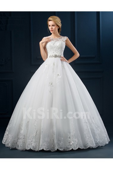 Tulle, Lace Jewel Floor Length Cap Sleeve Ball Gown Dress with Beads, Sash