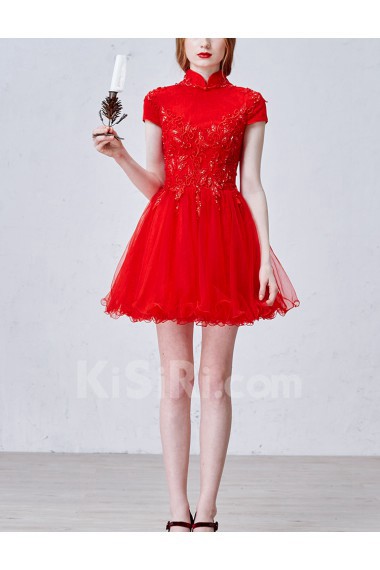 Lace, Tulle High Collar Mini/Short Cap Sleeve Ball Gown Dress with Beads