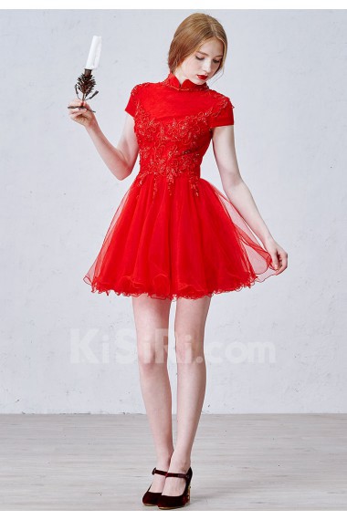 Lace, Tulle High Collar Mini/Short Cap Sleeve Ball Gown Dress with Beads