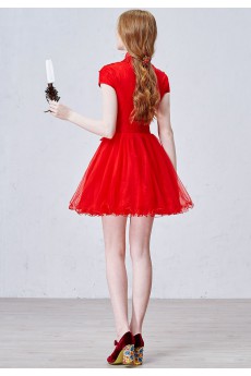 Lace, Tulle High Collar Mini/Short Cap Sleeve Ball Gown Dress with Beads