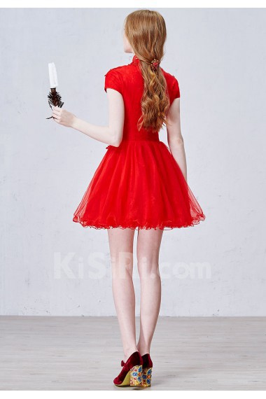 Lace, Tulle High Collar Mini/Short Cap Sleeve Ball Gown Dress with Beads