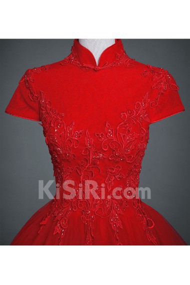 Lace, Tulle High Collar Mini/Short Cap Sleeve Ball Gown Dress with Beads