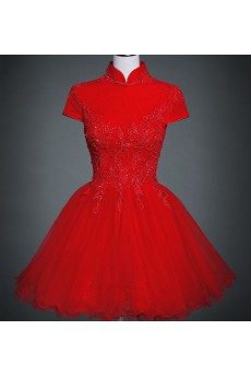 Lace, Tulle High Collar Mini/Short Cap Sleeve Ball Gown Dress with Beads