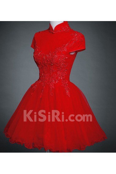 Lace, Tulle High Collar Mini/Short Cap Sleeve Ball Gown Dress with Beads