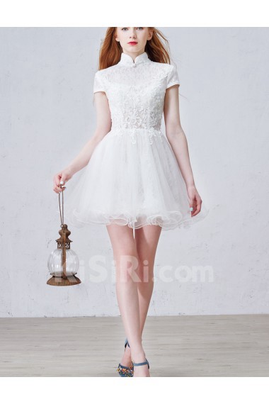 Lace, Tulle High Collar Mini/Short Cap Sleeve Ball Gown Dress with Beads