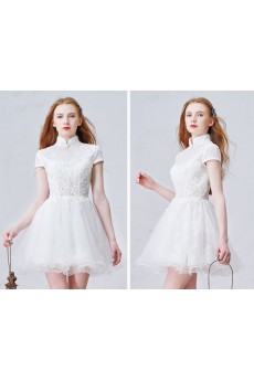 Lace, Tulle High Collar Mini/Short Cap Sleeve Ball Gown Dress with Beads